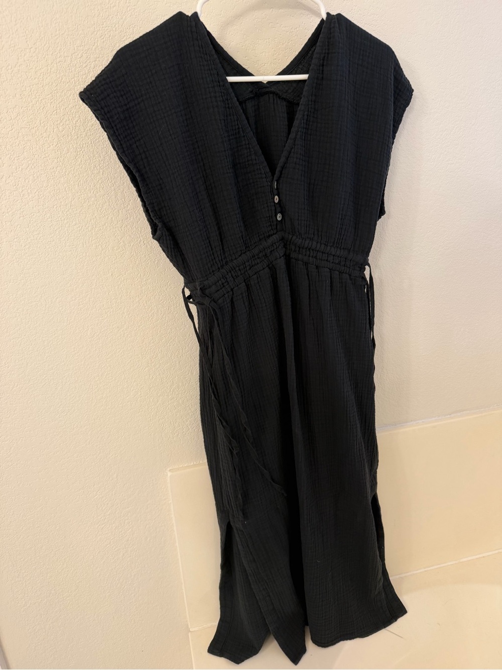 Rails Francesca Black Cotton Gauze V-Neck Drawstring Waist Maxi Dress